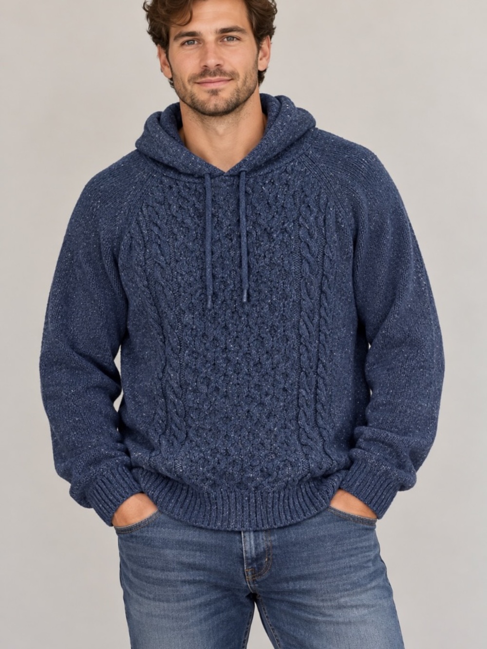 Aran Woolen Mills Sweater Mens Size XL Blue Lambswool Blend Winter Hooded